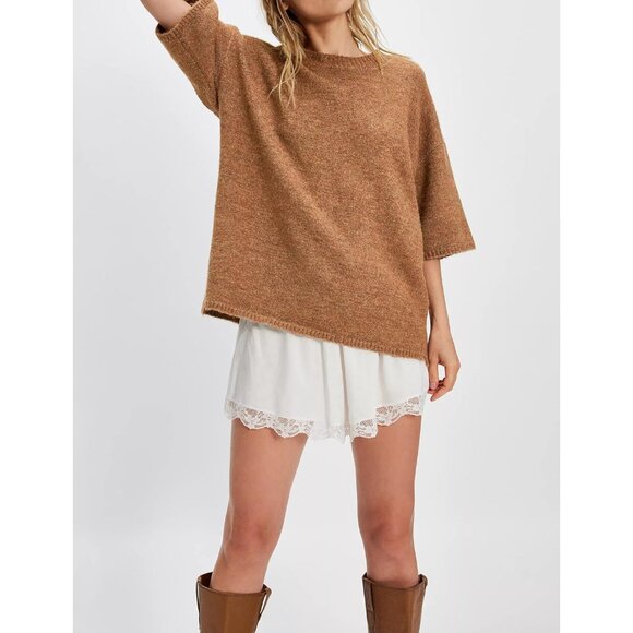 Women Casual Crewneck Sweater Tee Short Sleeve Ribbed Knit Top Small - Picture 2 of 8